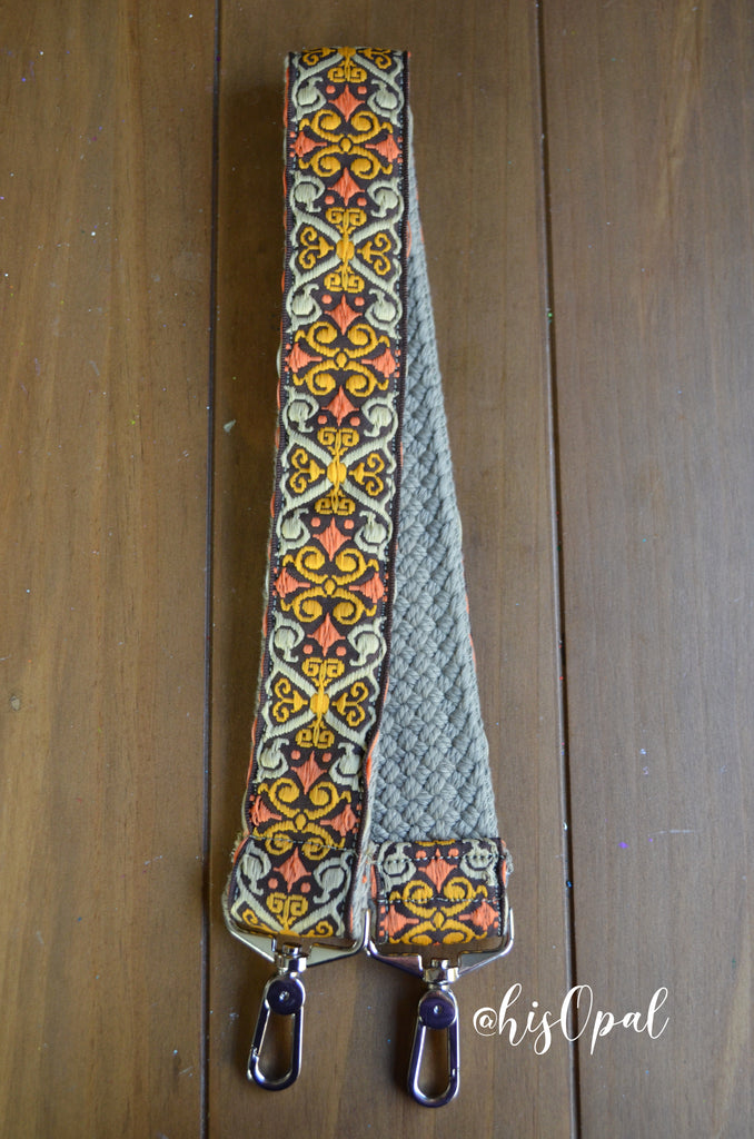 Hand Made Purse Strap, Boho Print, Khaki Back, Over the Shoulder Strap, 26 inches