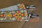 Hand Made Purse Strap, Boho Print, Khaki Back, Over the Shoulder Strap, 26 inches