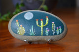 Painted Rock Desert, Cactus Rock, Night Cactus Garden, Hand Painted Rock, Southwestern