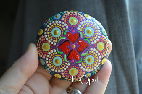 Candy Hearts Mandala Stone, Hand Painted Rock, Heart Mandala, Boho Decor