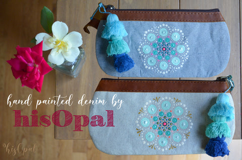 Unique Hand Painted Denim Mini Clutch, Nena and Company, Pom included (canvas section)