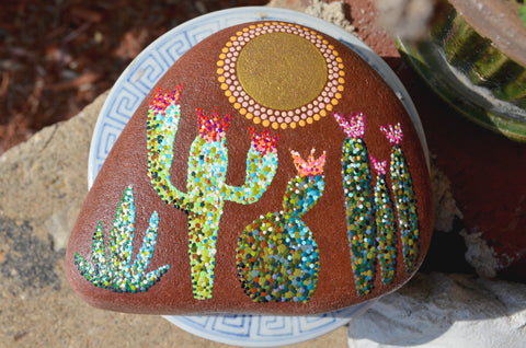 Painted Rock Desert, Cactus Rock, Cactus Garden, Hand Painted Rock, Southwestern Decor