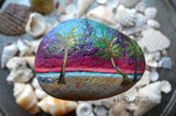 Hand Painted Rock, Beach Scene Painting, "Forgotten Pail", Palm Trees Painting, Sunset