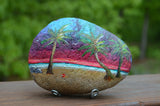 Hand Painted Rock, Beach Scene Painting, "Forgotten Pail", Palm Trees Painting, Sunset