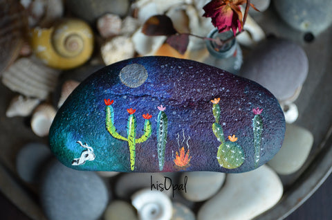 Painted Rock Desert, Cactus Rock, Hand Painted Rock, Southwestern, Galaxy Night Sky