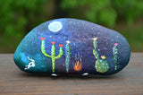 Painted Rock Desert, Cactus Rock, Hand Painted Rock, Southwestern, Galaxy Night Sky
