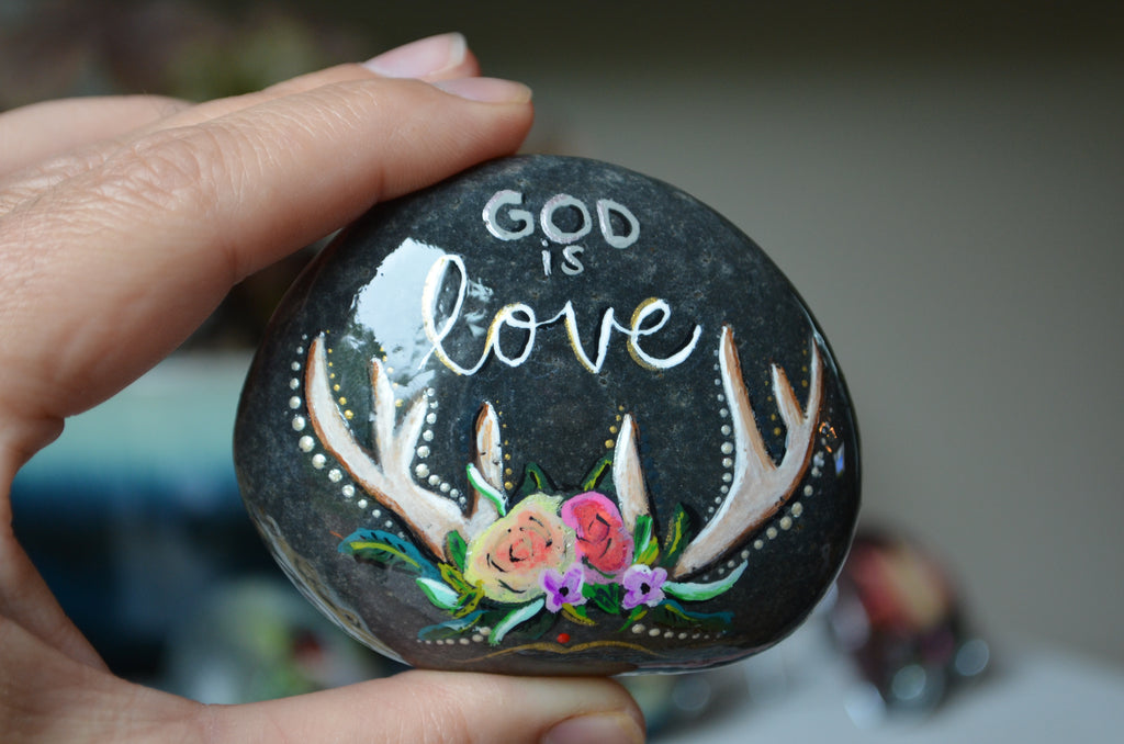 Hand Painted Rock, Antlers and Flowers, God is Love, custom stand included, high gloss resin