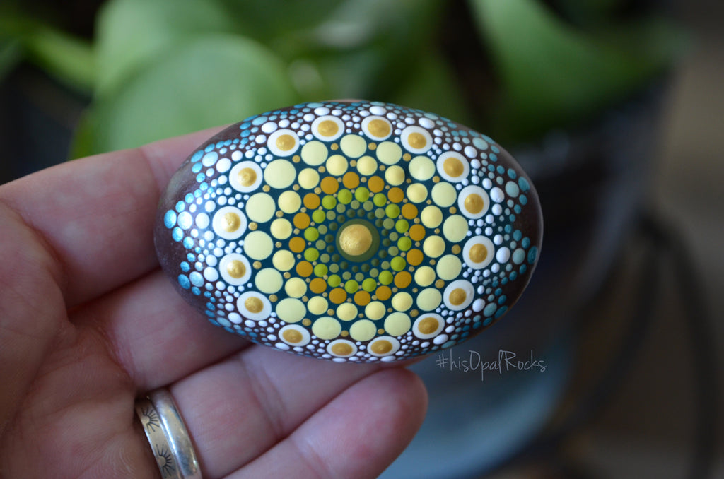 Mandala Stone, Hand Painted Rock, Aqua and Gold, Mandala Rock, Boho Decor