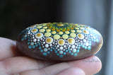 Mandala Stone, Hand Painted Rock, Aqua and Gold, Mandala Rock, Boho Decor