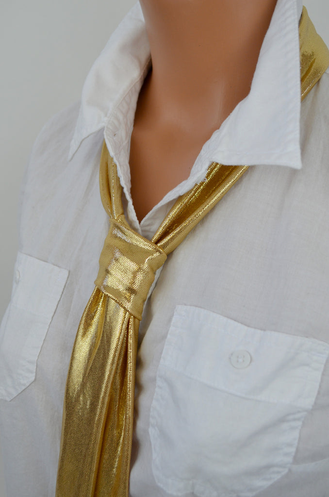 Metallic Gold Scarf Neck Tie Lightweight Neck Bow Womens Ascot Gold Cravat Unisex - hisOpal Swimwear - 1