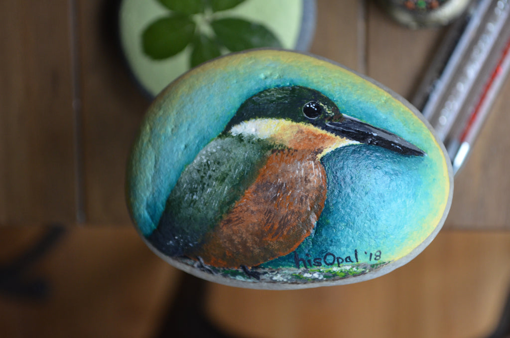 Bird Painted Rock, Hand Painted Stone, Bird Watching, Bird Art, Green and Rufous Kingfisher