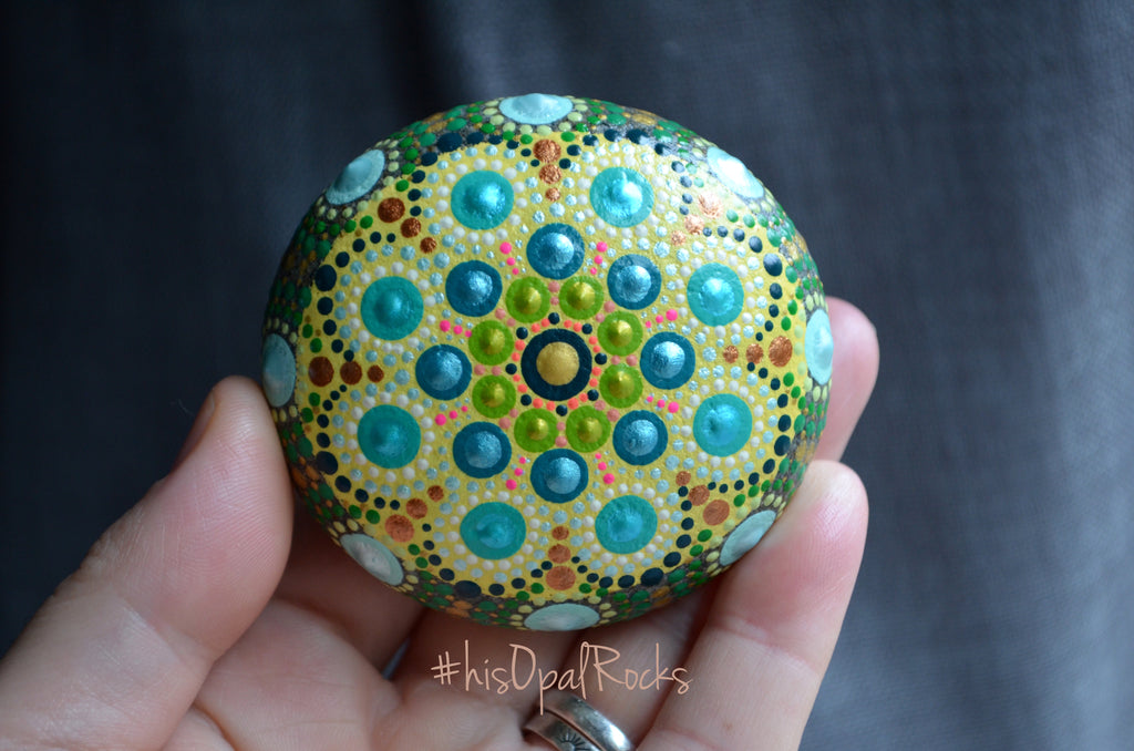 Hand Painted Rock, Green Mandala Stone, Jewel Drop Mandala, Mandala Art, Boho Decor