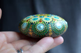 Hand Painted Rock, Green Mandala Stone, Jewel Drop Mandala, Mandala Art, Boho Decor