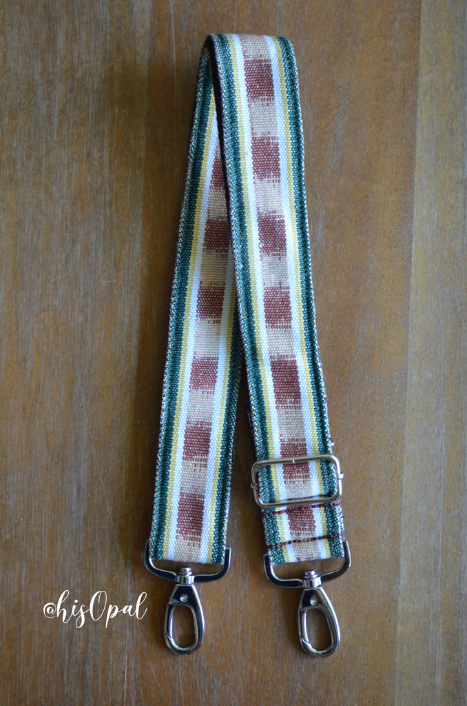 Hand Made Purse Strap, "Green and Gold" Dark Brown Back, Adjustable Strap, approx. 26 to 45 inches