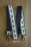 Hand Made Purse Strap, "Green and Gold" Dark Brown Back, Adjustable Strap, approx. 26 to 45 inches