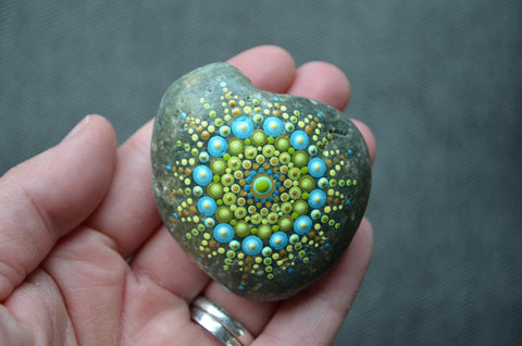 Painted Rock Green, Mandala Stone, Heart Shaped Rock, Hand Painted Rock Art, Gratitude
