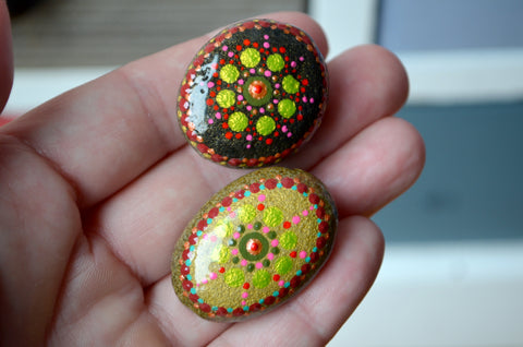 Cute Fridge Magnets, Hand Painted Rock, Green Mandala Magnets, 2 Refrigerator Magnets