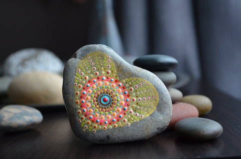 Painted Rock, Heart Shaped Rock, Valentine's Day Gift, Mandala Stone Heart, Boho Decor