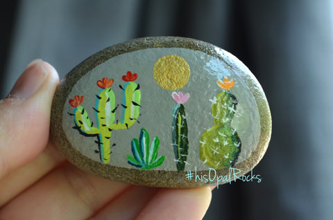 Painted Rock Desert, Cactus Rock, Grey Cactus Garden, Hand Painted Rock Art, Southwestern Decor