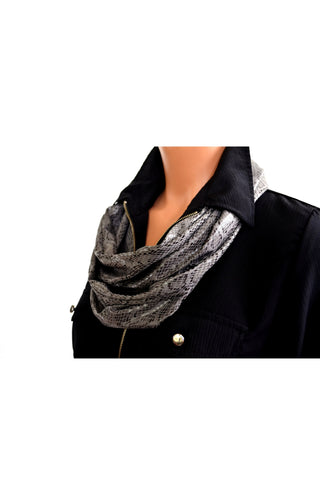 Long Infinity Scarf Metallic Grey Snakeskin Print Women's Ascot Neck Warmer