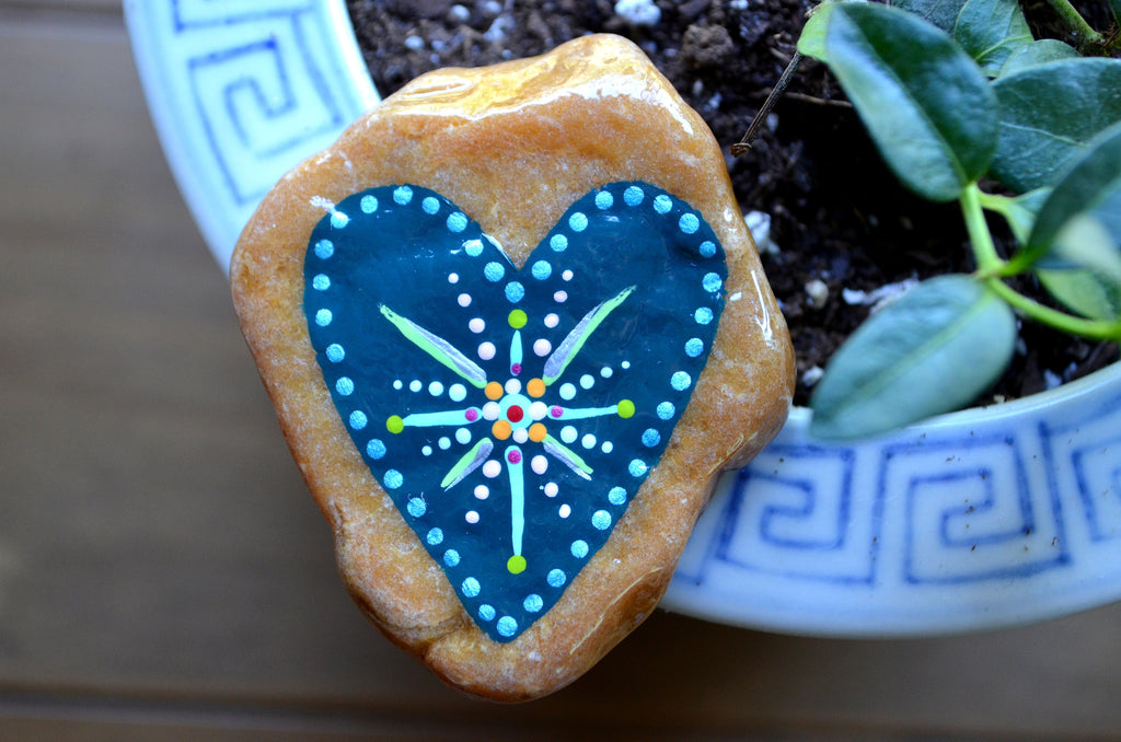 Heart Shaped Stone, Hand Painted Rock, Lover Gift, Valentine, Teal Heart Decor, Resin Sealed
