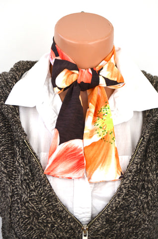 Womens Neck tie Hibiscus Floral Print Neck Scarf Lightweight Scarf Head Wrap Ascot Tie Peach Orange