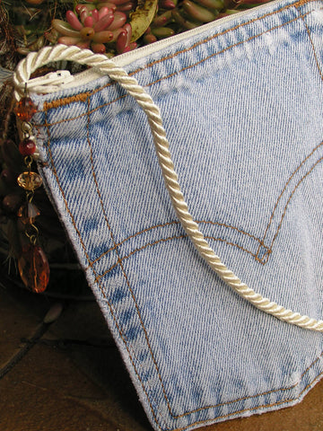 Upcycled Denim Levi's Pocket Purse Antique White Zipper and Cord purse strap