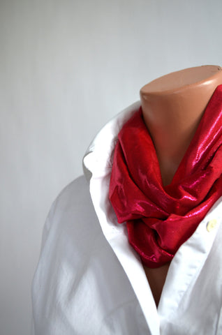 Metallic Ruby Red Infinity Scarf Lightweight Layering Womens Ascot Unisex Club Wear hisOpal