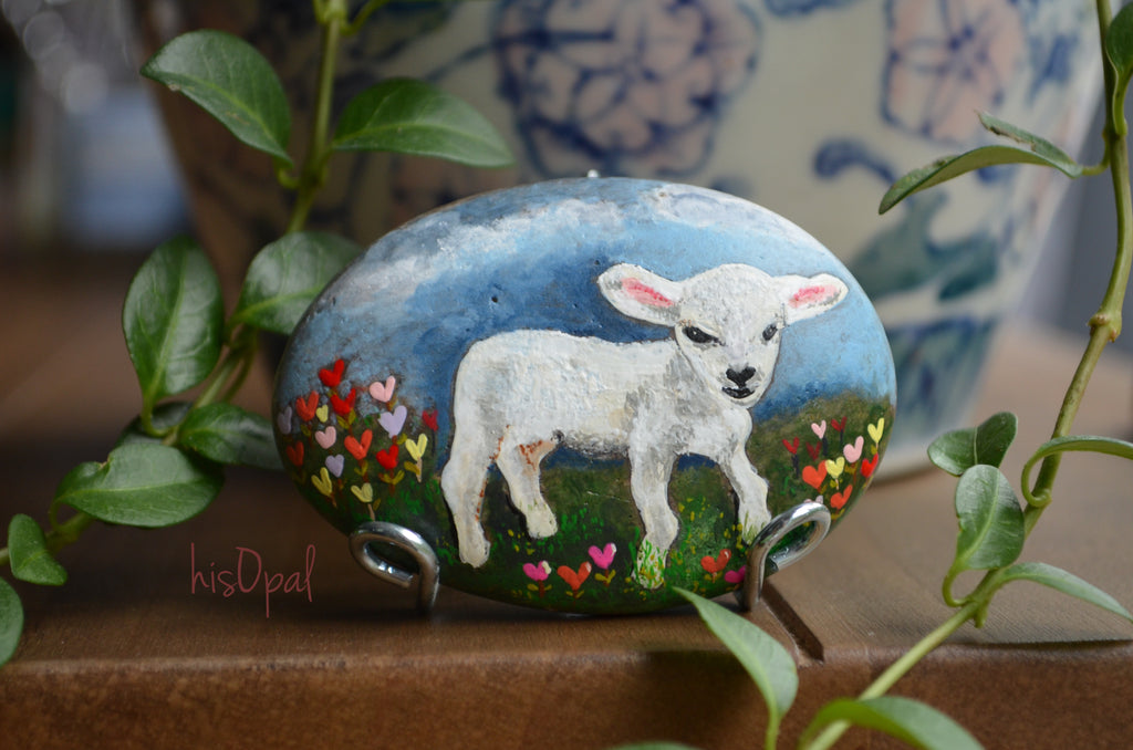 Baby Lamb, hand painted stone, Lamb and Tulips, gender neutral gift, Painted Rock, nursery