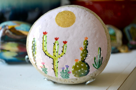 Painted Cactus Rock, Desktop Decor, Cactus Art, Hand Painted Rock Art, Southwestern