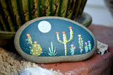 Painted Rock Desert, Cactus Rock, Night Cactus Garden, Hand Painted Rock, Southwestern