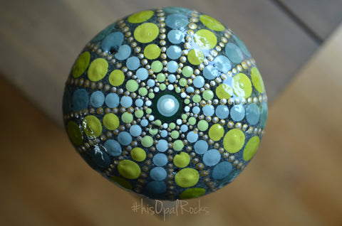 Sea Urchin Mandala, Hand Painted Rock, Mandala Stone, Urchin Style, Green and Grey