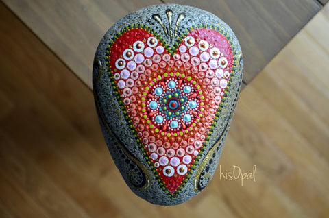 Painted Stone, Heart Mandala Stone, Hand Painted Rock, Garden Stone, Patio Decor