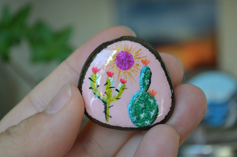 Metallic Cactus Fridge Magnet, Painted Rock Magnet, Mini Cactus Magnet, Refrigerator Magnet, Opuntia