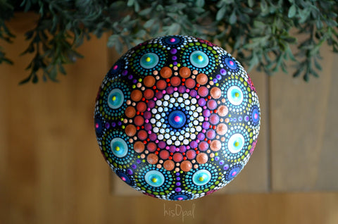 Hand Painted Mandala, Wooden Pebble, Boho Wedding, Metallic Jewel, Rainbow, Faux Painted Rock