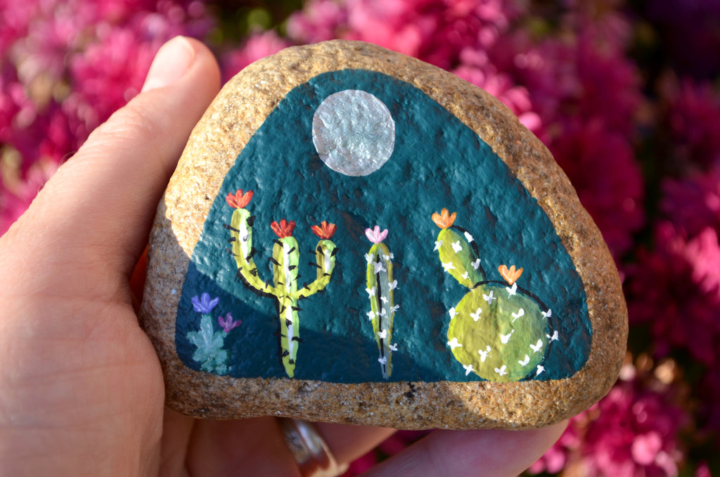 Painted Rock Desert, Cactus Rock, Moon Cactus Garden, Hand Painted Rock, Southwestern Decor