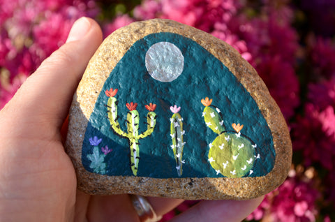 Painted Rock Desert, Cactus Rock, Moon Cactus Garden, Hand Painted Rock, Southwestern Decor