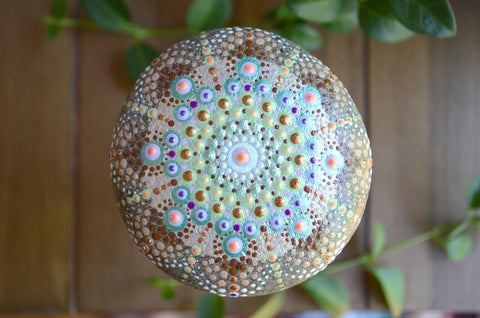 Mandala Stone, Painted Rock, Mandala Rock, Jewel Drop Mandala, Hand Painted Rock, Mint