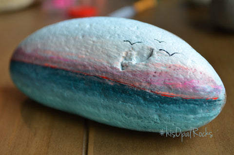 Hand Painted Rock, Ocean Horizon, Beach Painting, Monterey CA Stone, Ocean Painting