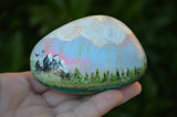 hand painted rock, mountain scene, mountain paperweight, outdoorsman gift