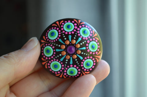 Hand Painted Sea Bean, Mini Mandala, drift seed, Neon Mandala, painted rock section