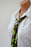 Womens Neck Tie Floral Print Neck Scarf Light Scarf Head Wrap Ascot Neon Green Flower Necktie - hisOpal Swimwear - 2