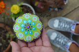 Mandala Stone, Small Hand Painted Rock, Purple, Coral, Teal, Green Round Mandala