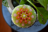 Mandala Stone, Hand Painted Rock, Green, Coral, Red, Round Mandala