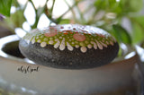 Mandala Stone, Hand Painted Rock, Green, Coral, Red, Round Mandala