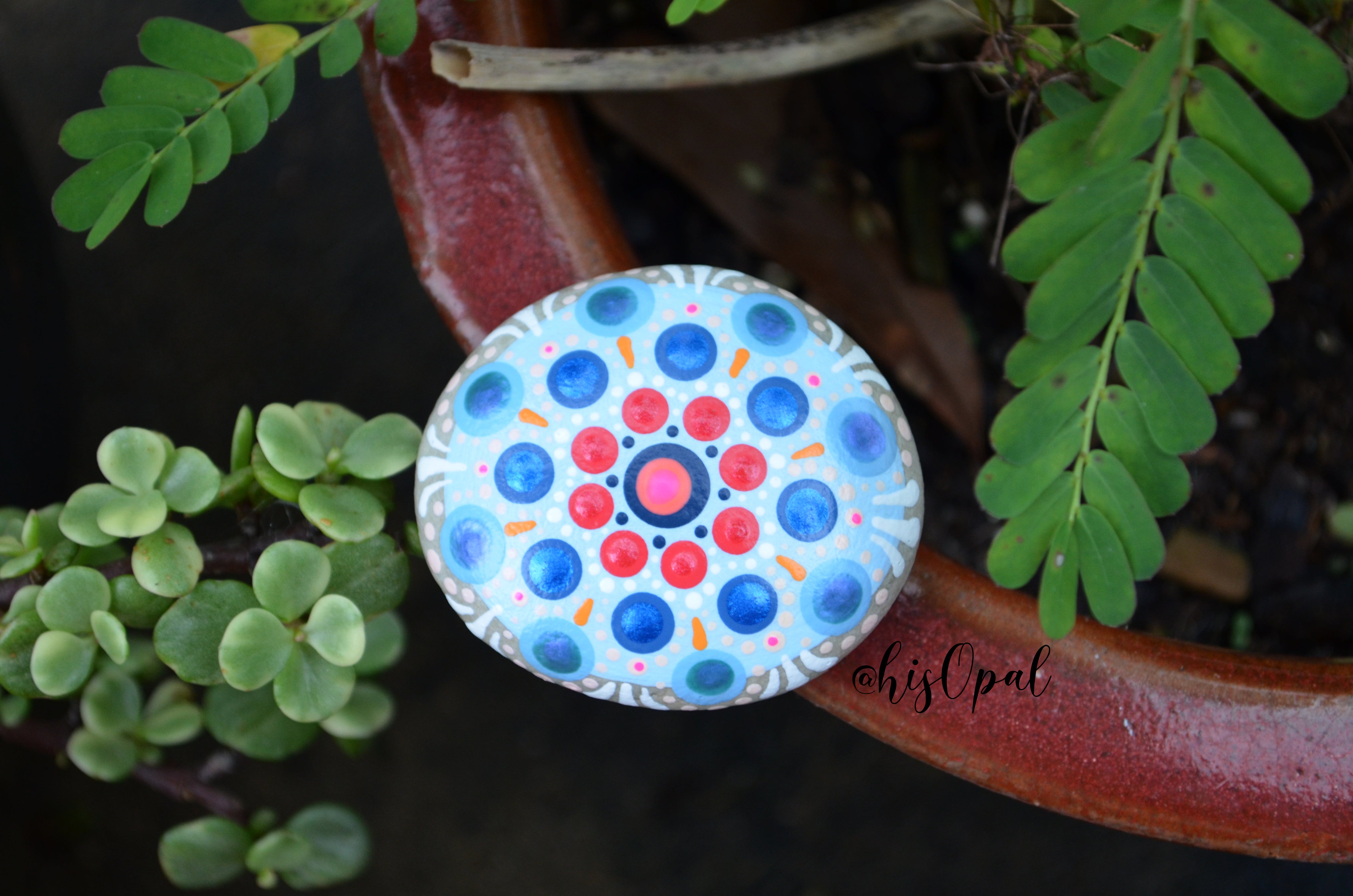 Mandala Stone, Small Hand Painted Rock, Red White and Blue, Mandala Ro ...