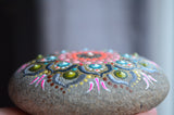 Mandala Stone, Hand Painted Rock, Coral and Green, Mandala Rock, Boho Decor, Unique Gift