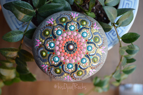Mandala Stone, Hand Painted Rock, Coral and Green, Mandala Rock, Boho Decor, Unique Gift