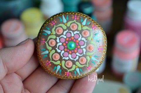 Pastel Mandala Stone, Hand Painted Rock, Painted Leaf Border, Meditation Stone, Boho