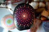 Pink Sunburst Mandala Stone, Hand Painted Rock, Unique Decor Red, Meditation Stone